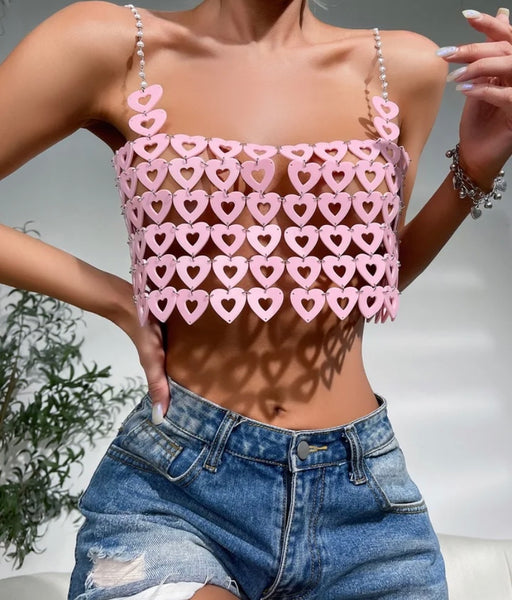 Women Sexy Sleeveless Pink Heart Chain Crop Top