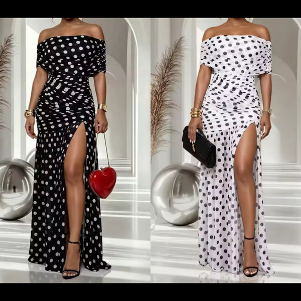 Women Polka Dot Off The Shoulder Front Split Maxi Dress