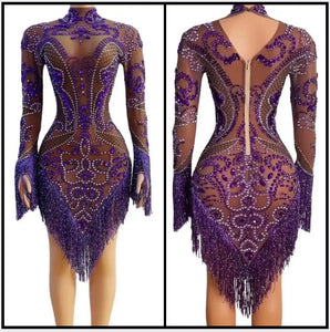 Women Sexy Purple Beaded Crystal Full Sleeve Tassel Mesh Dress