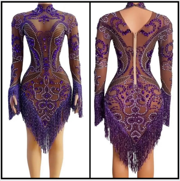 Women Sexy Purple Beaded Crystal Full Sleeve Tassel Mesh Dress