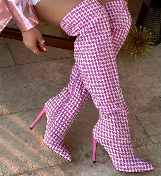 Women Fashion Color Plaid High Heel Knee High Boots