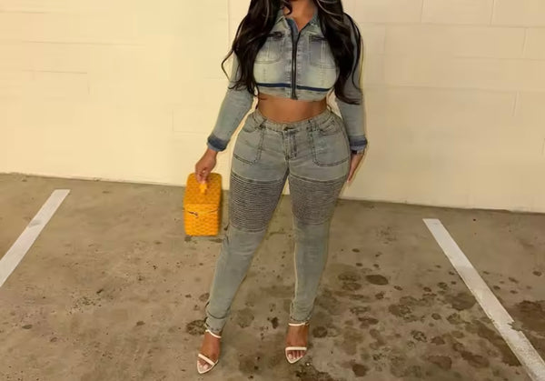 Women Blue Denim Fashion Crop Jacket Two Piece Pant Set