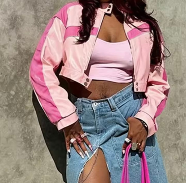 Women Pink Fashion Zip Up Button Faux Leather Crop Jacket