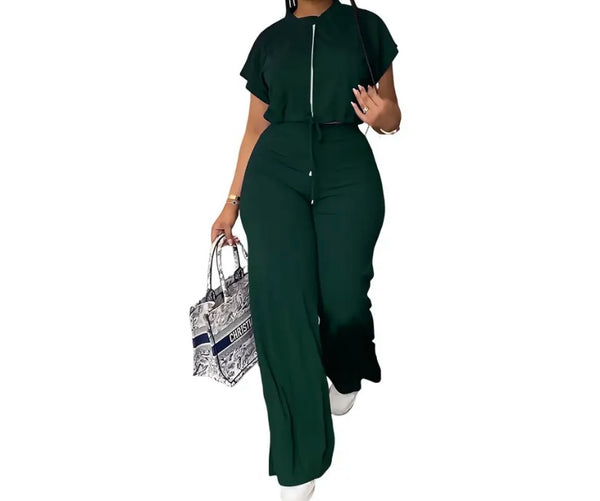 Women Fashion Zip Up Short Sleeve Fashion Two Piece Pant Set