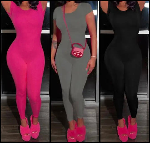 Women Solid Color Short Sleeve Open Back Fashion Jumpsuit