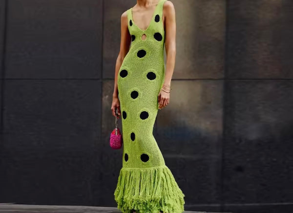Women Sexy Sleeveless Green Polka Dot Knitted Fringe Maxi Dress