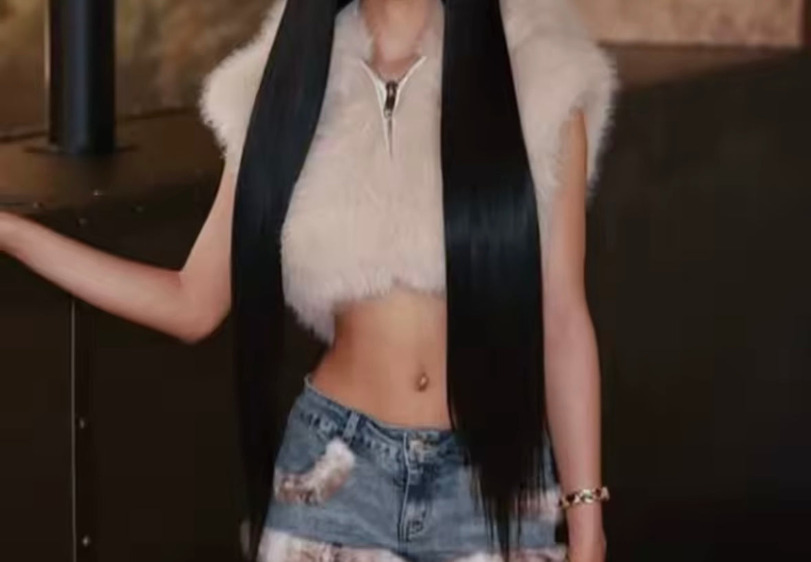 Women Zip Up Hooded Sleeveless Fashion Faux Fur Crop Vest Jacket