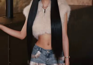 Women Zip Up Hooded Sleeveless Fashion Faux Fur Crop Vest Jacket