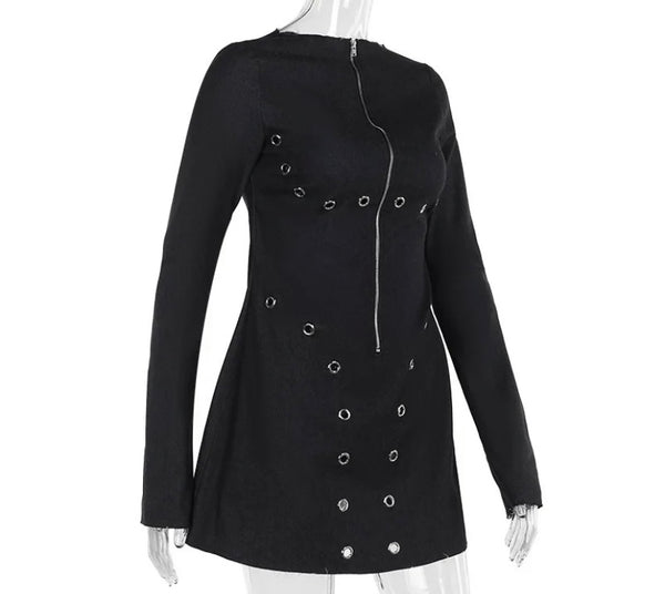 Women Sexy Black Zip Up Rivet Full Sleeve Dress