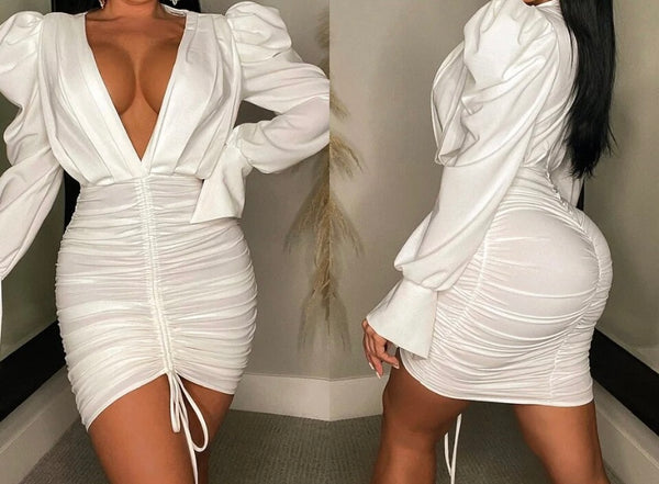 Women Sexy Deep V-Neck Full Sleeve Ruched Drawstring Dress