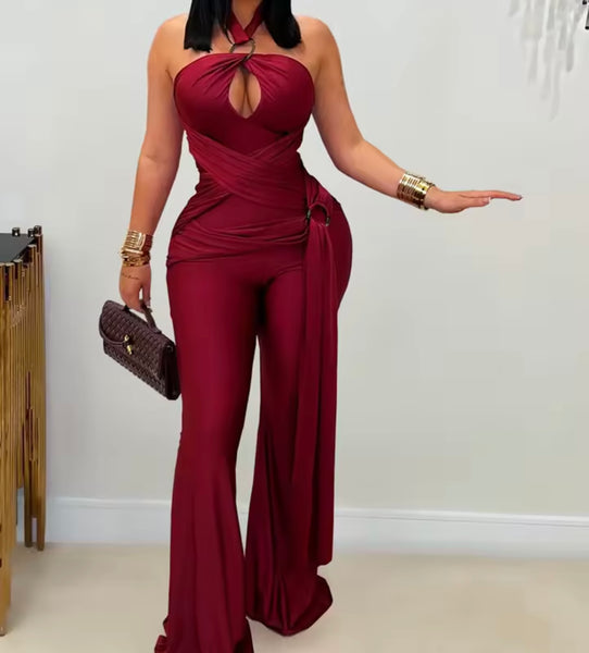 Women Fashion Halter Sleeveless Ribbon Tassel Jumpsuit