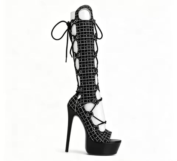 Women Fashion Open Toe Platform Lace Up Knee High Boots