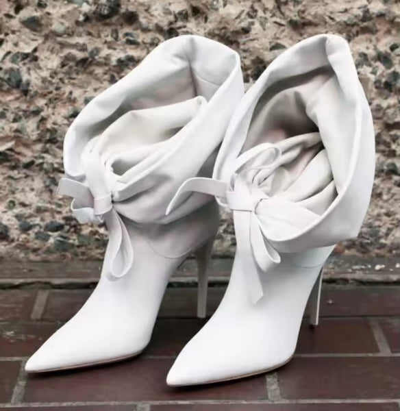 Women White Fashion Ruched Faux Leather Ankle Boots