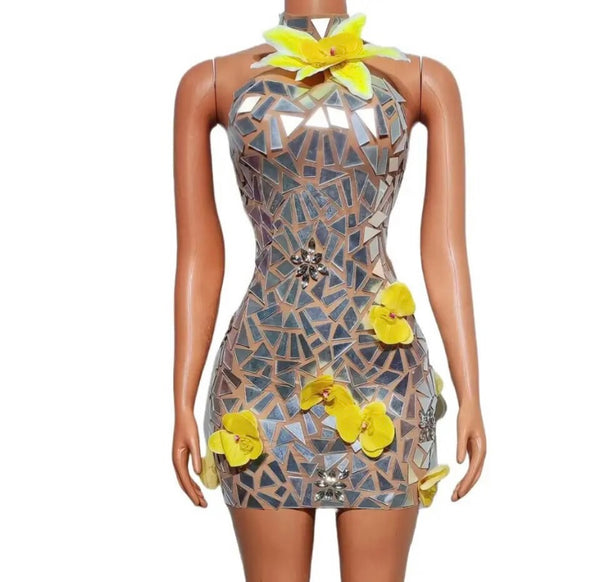 Women Sexy Silver Sleeveless Yellow Floral Patchwork Dress