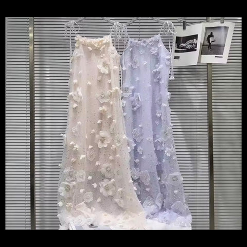 Women Sleeveless Sequins Floral Sexy Mesh Maxi Dress