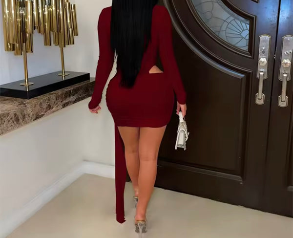 Women Sexy Deep V-Neck Full Sleeve Cut Out Tassel Dress
