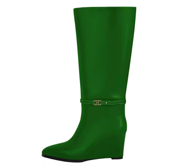 Women Fashion Color Faux Leather Buckle Wedge Knee High Boots