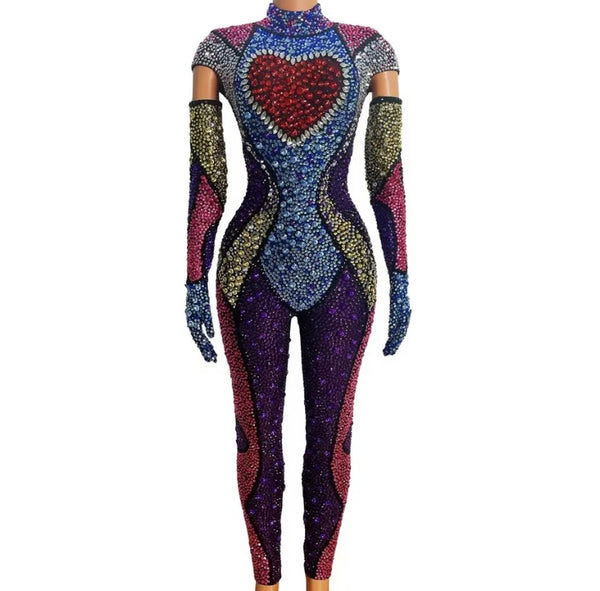 Women Multicolored Crystal Glove Fashion Jumpsuit