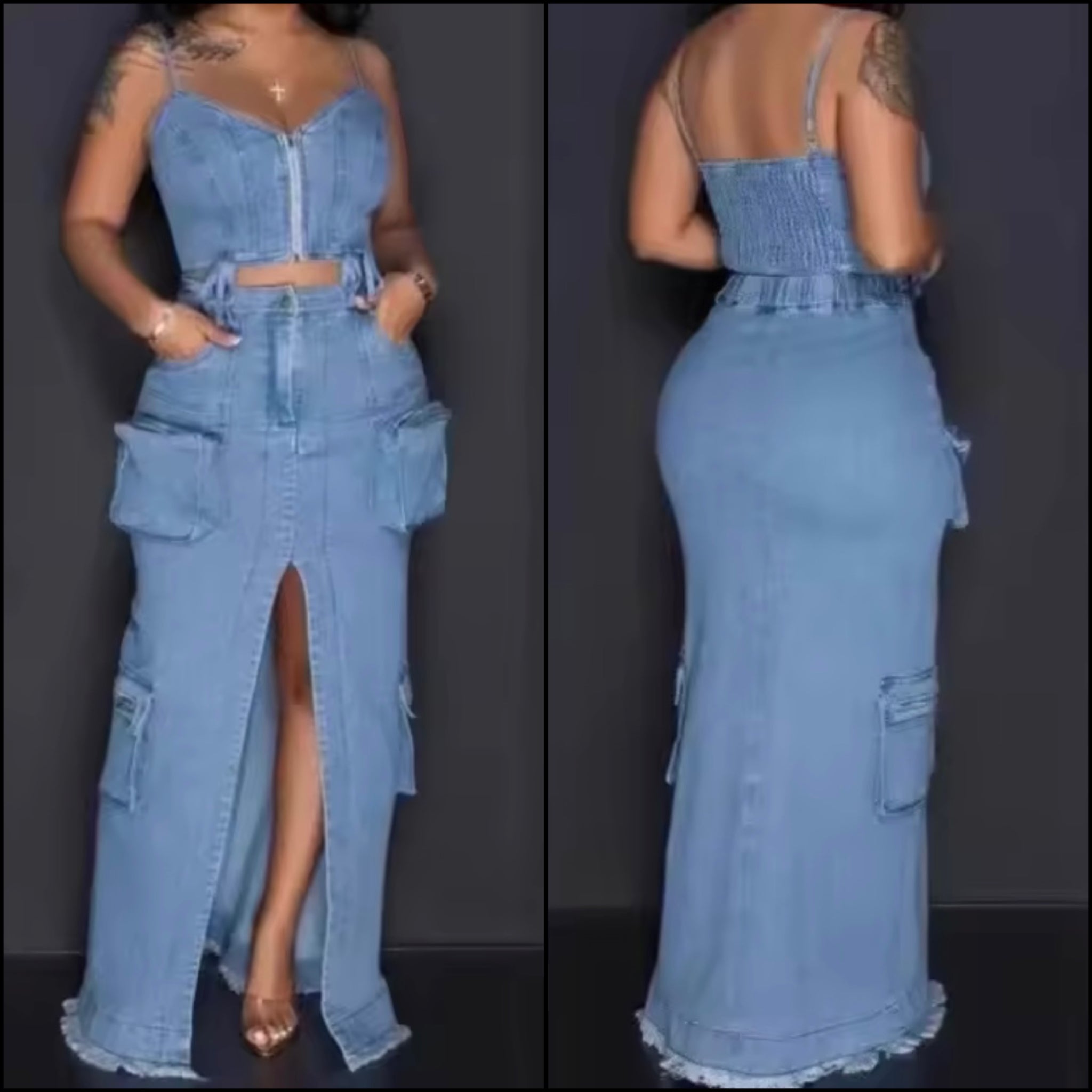 Women Sleeveless Zip Up Denim Two Piece Sexy Maxi Skirt Set