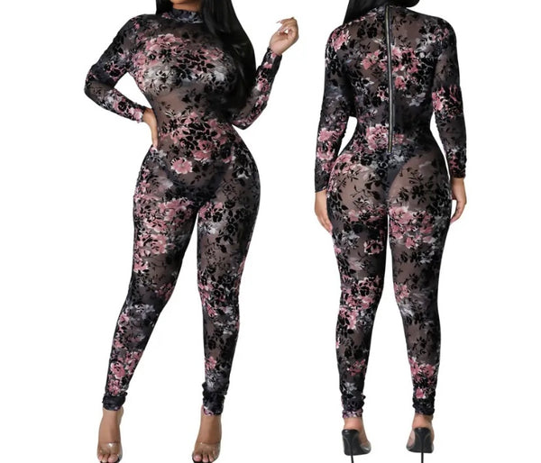 Women Sexy Full Sleeve Floral Mesh Jumpsuit