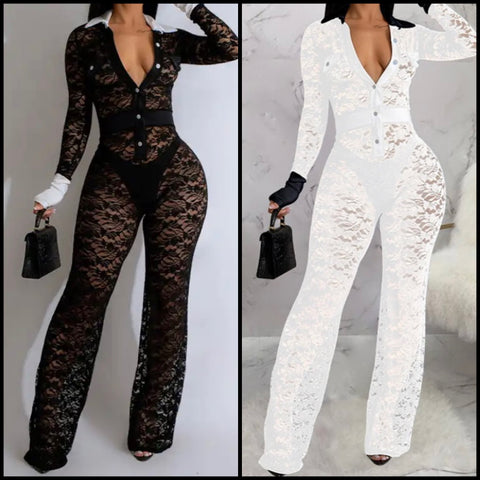 Women Sexy B&W Collar Lace Full Sleeve Jumpsuit