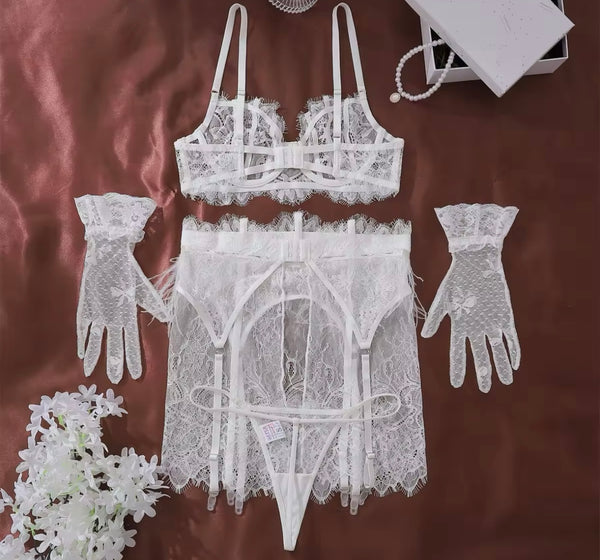 Women White Sexy Lace Glove Lingerie Set