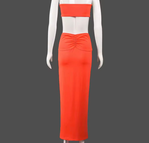Women Sexy Strapless Shell Two Piece Maxi Skirt Set