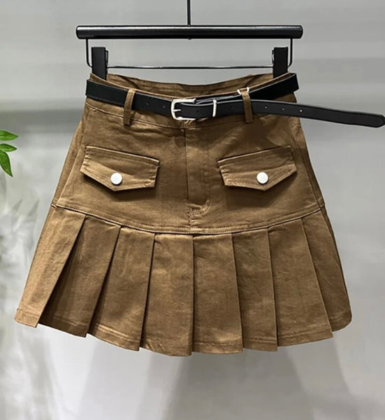 Women Pocket Pleated Fashion Denim Skirt