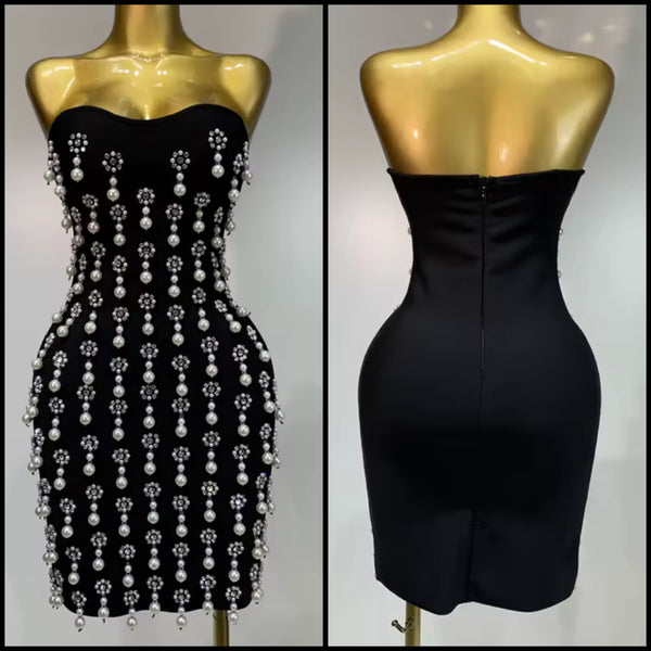 Women Black Sexy Strapless Pearl Rhinestone Dress