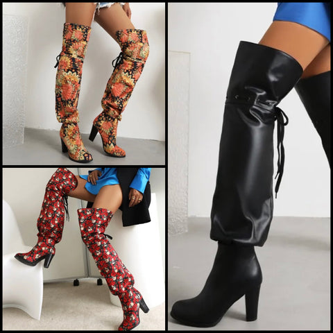 Women Fashion Printed Faux Leather Over The Knee Boots