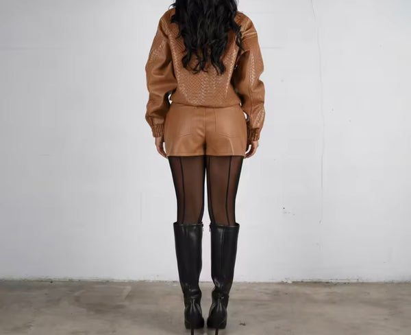 Women Fashion Color Zip Up Faux Leather Jacket