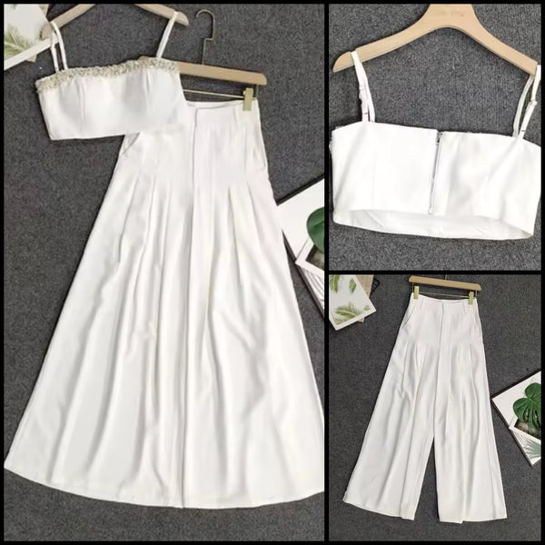 Women White Sleeveless Crop Two Piece Wide Leg Pant Set
