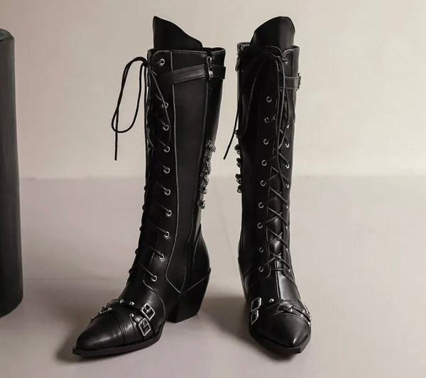 Women Fashion Pointed Toe Buckled Chain Lace Up Knee High Boots