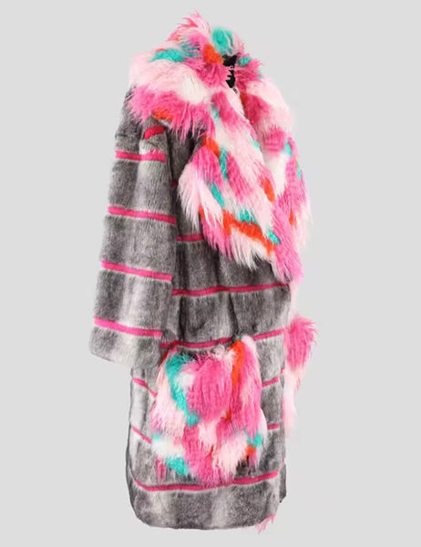 Women Multicolored Striped Fashion Faux Fur Jacket