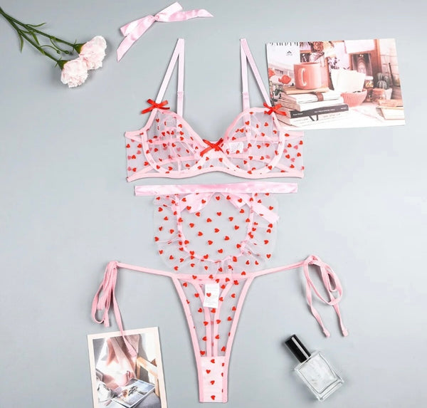 Women Sexy Pink Heart Print Mesh Lingerie Set