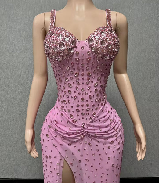 Women Sexy Sleeveless Pink Crystal Rhinestone Maxi Dress