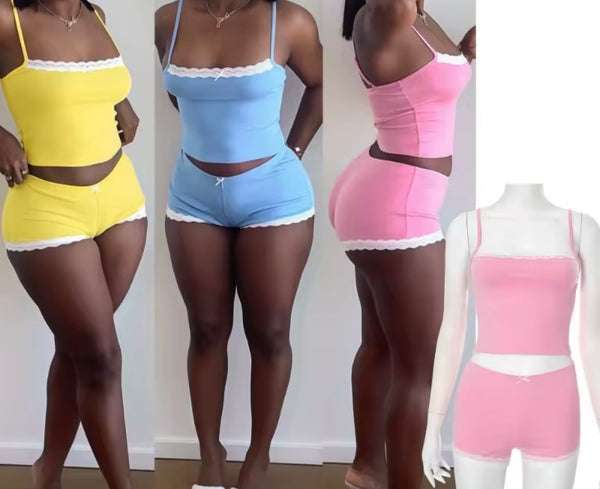 Women Sexy Sleeveless Color Lace Patchwork Two Piece Short Set
