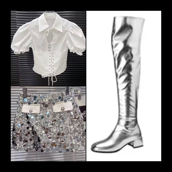 Women Color Metallic Fashion Zip Up Flat Knee High Boots