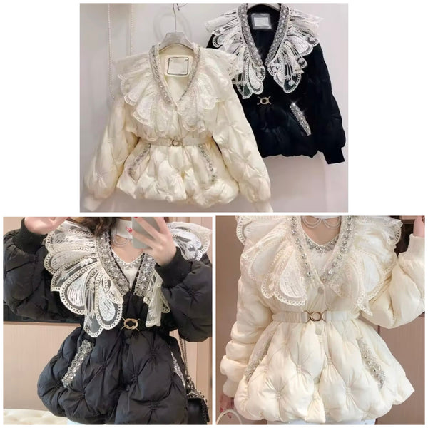 Women Fashion Beaded Lace Puff Jacket