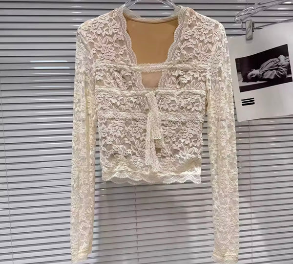 Women Sexy Fashion Lace Full Sleeve Two Piece Buckle PU Skirt Set