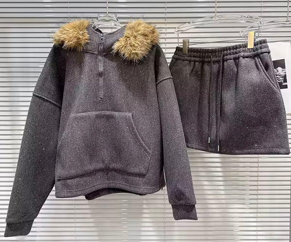 Women Fashion Bling Fur Hooded Two Piece Skirt Set