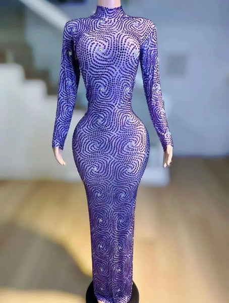 Women Sexy Bling Rhinestone Full Sleeve Mesh Maxi Dress