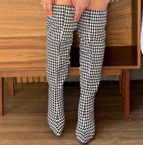 Women Fashion Color Plaid High Heel Knee High Boots
