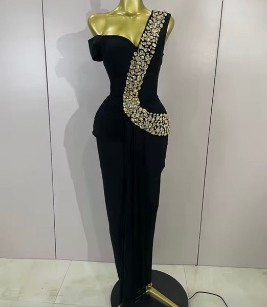 Women Elegant Rhinestone One Shoulder Sleeveless Maxi Dress