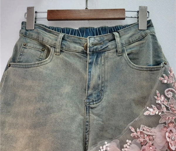 Women Fashion Pink Floral Patchwork Denim Shorts