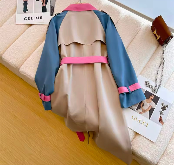 Women Fashion Color Patchwork Belted Trench Jacket