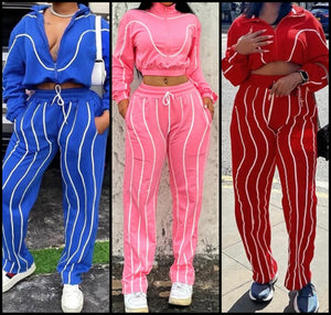 Women Fashion Striped Zip Up Tracksuit Two Piece Pant Set