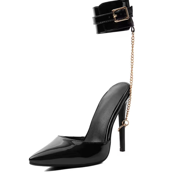 Women Fashion Pointed Toe Patent Leather Chain Buckle High Heels