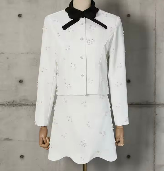 Women Collar Bow Full Sleeve Blazer Two Piece Skirt Set