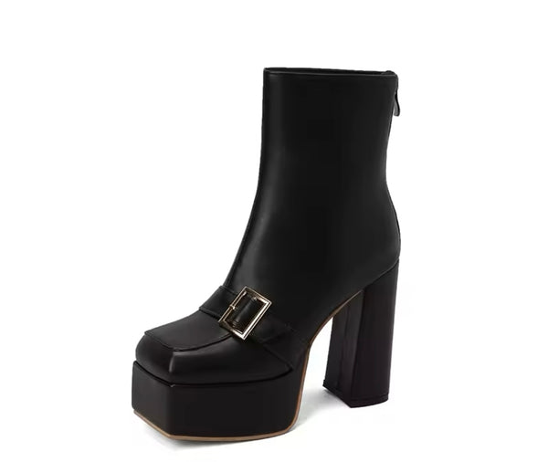 Women Color Fashion Square Toe Platform Buckled Ankle Boots